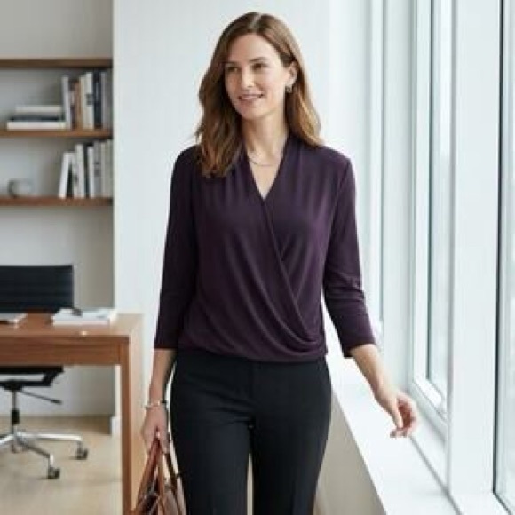 M. M. LaFleur Deneuve Faux Wrap Blouse Purple Blackberry Merlot, Size +1 / 1X - Picture 2 of 14